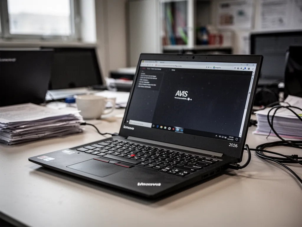 Un ordinateur portable Lenovo gris ouvert sur un bureau avec écran allumé et lumière naturelle