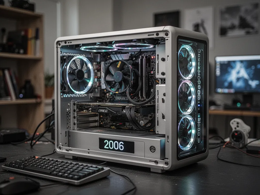 Un boîtier PC au design atypique avec façade vitrée, éclairage RGB et composants visibles sur un bureau sombre