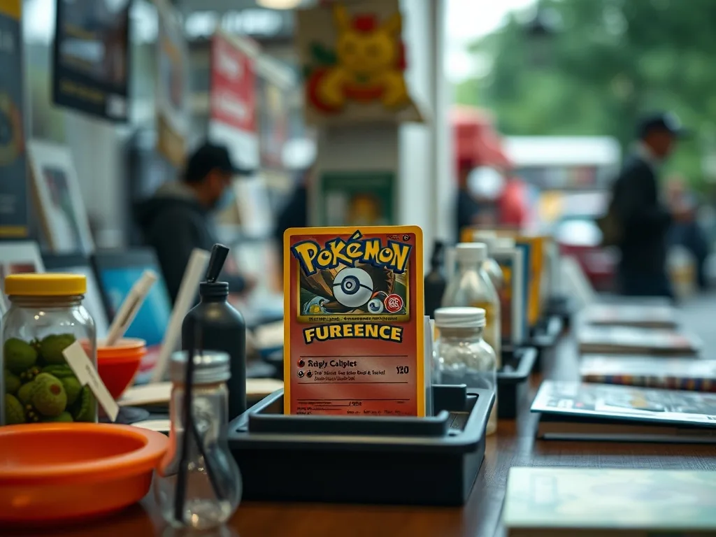 Un booster Pokémon ouvert posé sur une table en bois, un paquet de cartes brillantes à côté