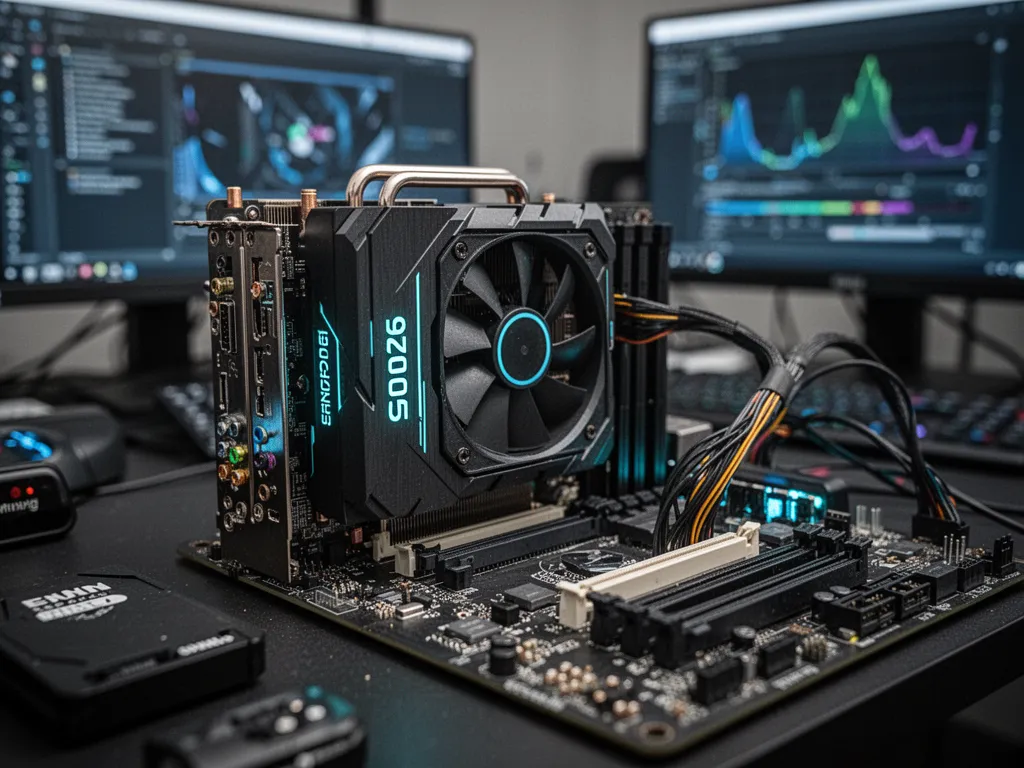 Une carte graphique moderne avec deux ventilateurs installée dans un PC de bureau aux panneaux transparents