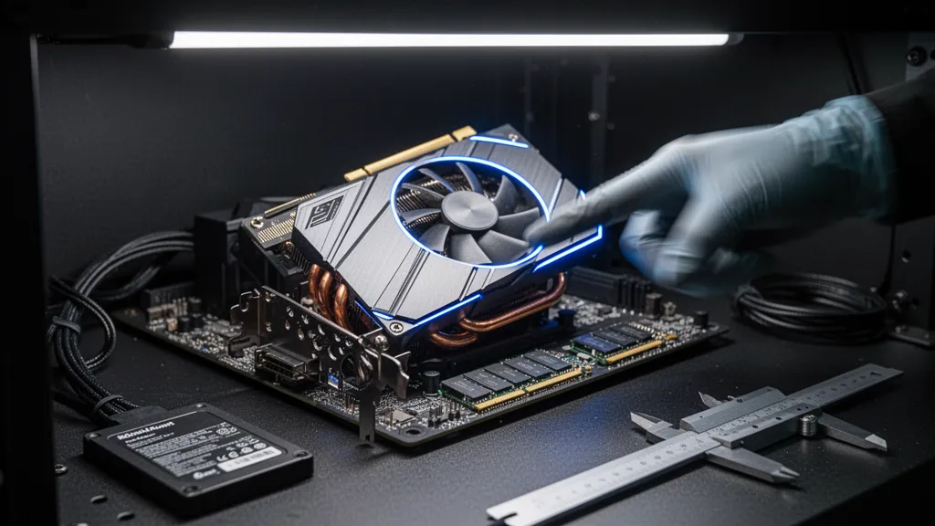 Carte graphique montée dans un boîtier PC, connecteurs d'alimentation visibles