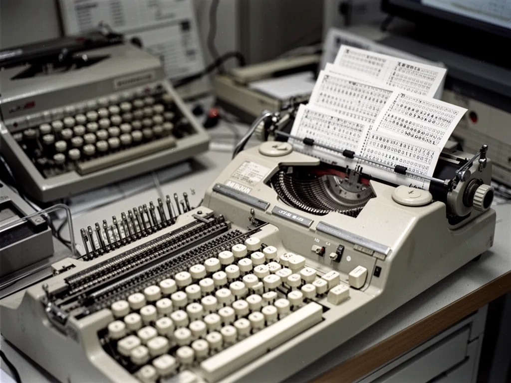 Une pile de cartes perforées en carton beige avec rangées de trous rectangulaires posée à côté d’un ancien lecteur