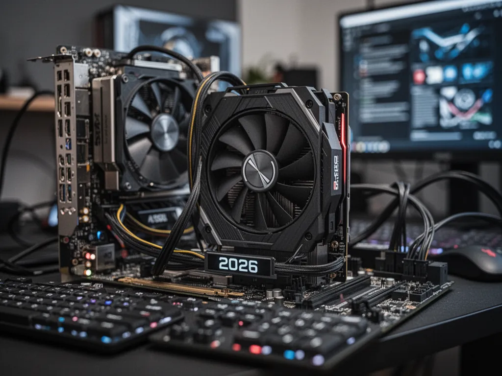 Une carte graphique moderne installée dans un PC avec éclairage discret et grands ventilateurs visibles