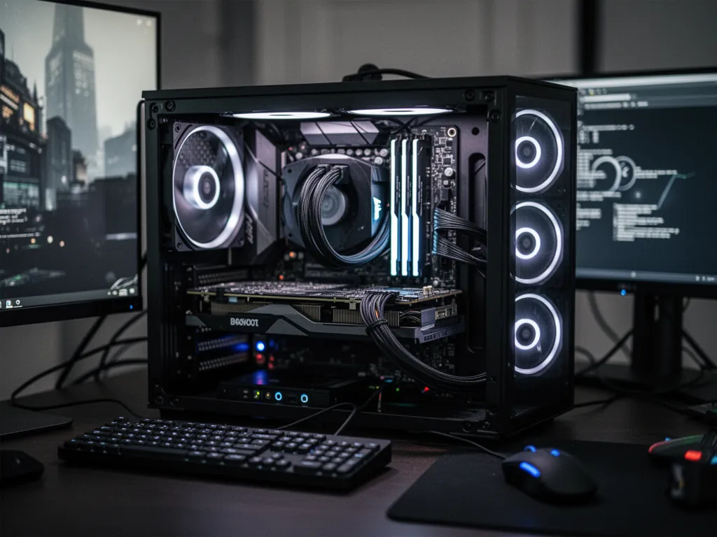 Un PC gamer monté dans un boîtier blanc épuré, avec un éclairage RGB discret, posé sur un bureau en bois face à un écran incurvé