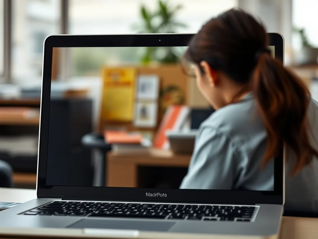 Un MacBook Air ouvert avec un écran fissuré posé sur une table en bois, à côté d'un tournevis de précision