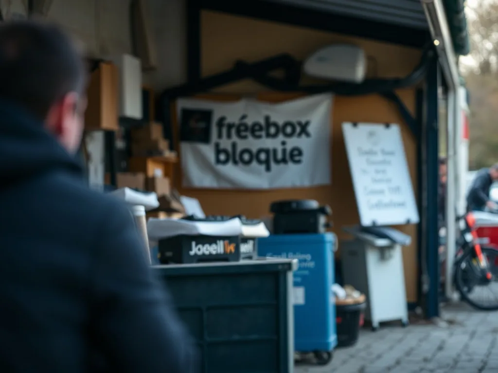 Gros plan sur un boîtier Freebox Server avec un voyant lumineux clignotant, posé à côté d'un téléviseur éteint qui reflète le logo Free.