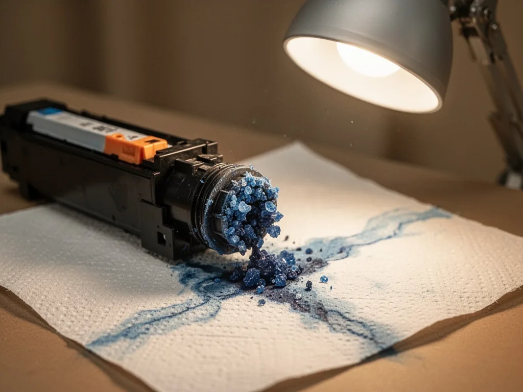 A printer cartridge nozzle clogged with dried blue ink crystals, placed on a paper towel stained with faint ink trails, 