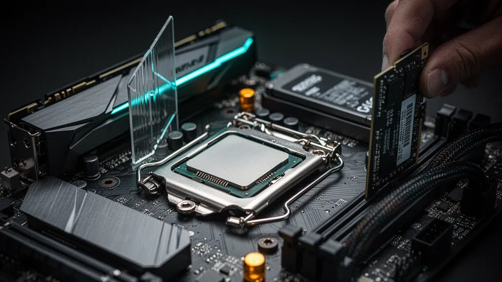 Vue rapprochée d'un processeur sur une carte mère avec des circuits et condensateurs