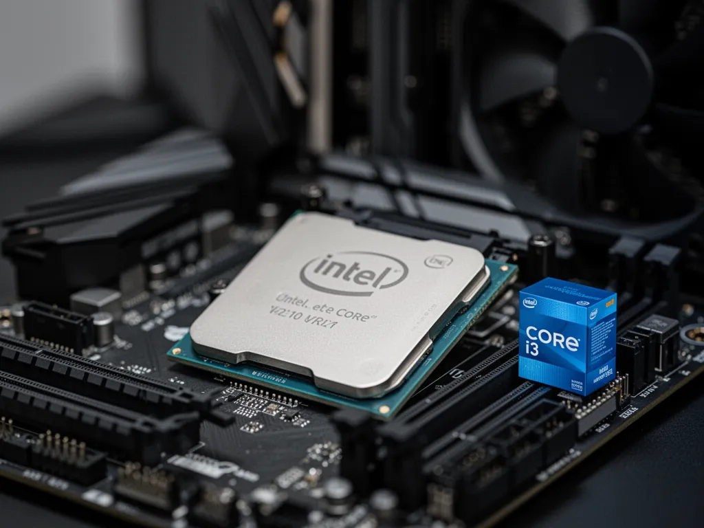 Gros plan sur un processeur Intel Core i3-12100 posé sur un socket LGA 1700, carte mère en arrière-plan.