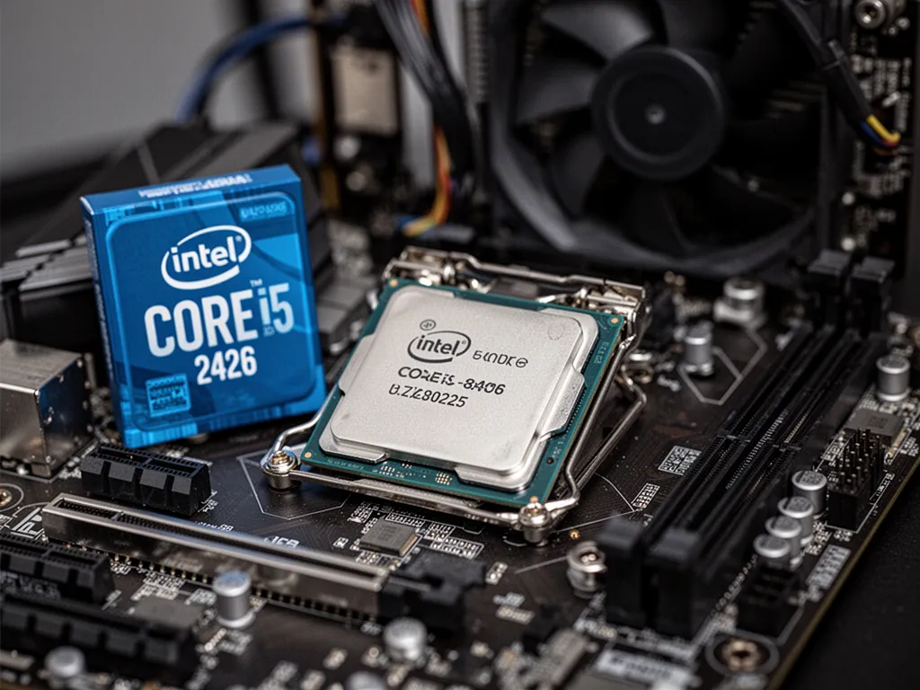 Un processeur Intel Core i5 posé à côté d’une carte mère ouverte sur un bureau de montage PC