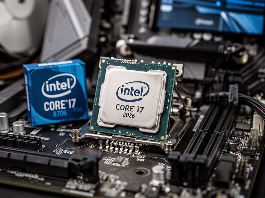 Un processeur Intel Core posé sur une carte mère de bureau à côté de barrettes de RAM