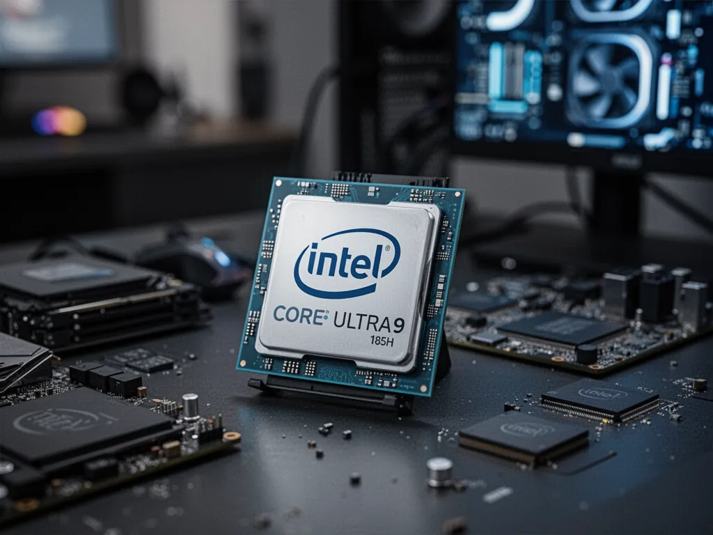 Gros plan sur un processeur Intel Core Ultra 9 185H installé sur une carte mère de laptop, éclairage bleu discret.