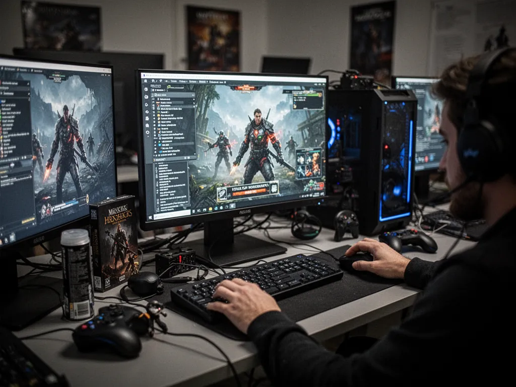 Un écran d'ordinateur affichant une bibliothèque Steam bien remplie, clavier mécanique rétroéclairé et souris gaming au premier plan, casque audio posé à côté