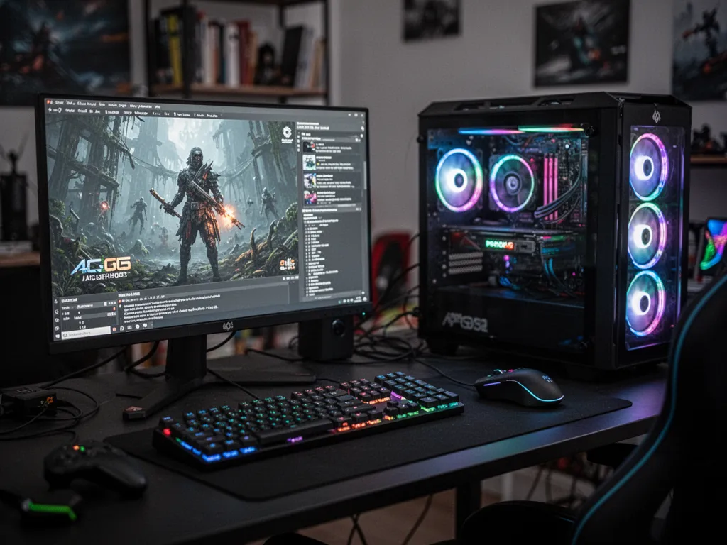 Une tour PC gamer d’occasion posée sur un bureau avec écran, clavier mécanique et lumière de fenêtre