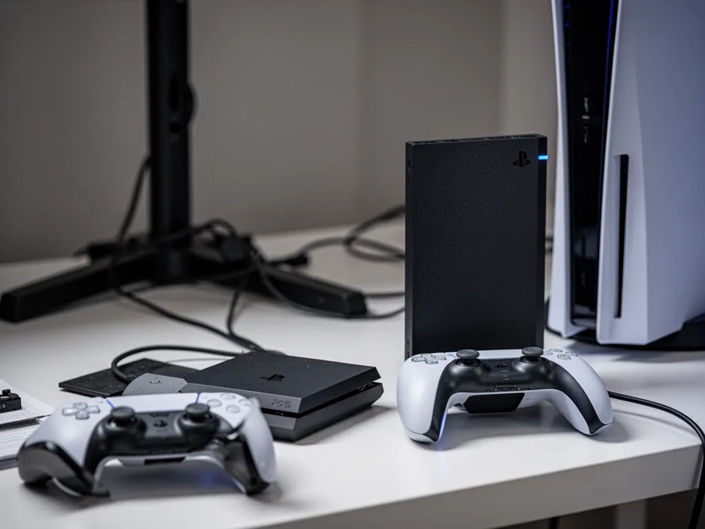 Une PlayStation 5 posée à côté d’un SSD externe compact branché en USB sur un meuble TV