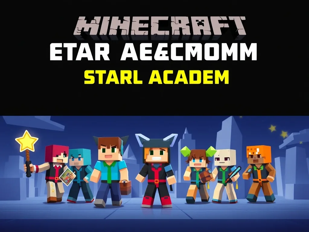 Un joueur de Minecraft devant un portail lumineux menant à la dimension Star Academy, entouré de Pokémon pixelisés