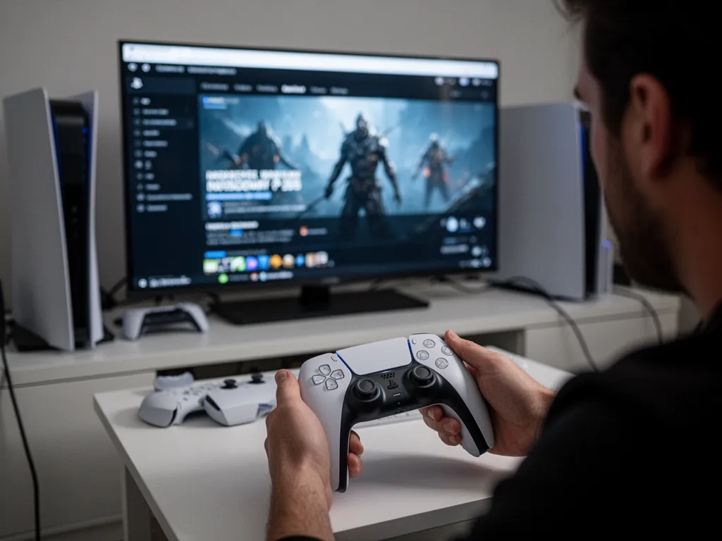 Une PS5 blanche reliée à un téléviseur affichant une page web avec une manette DualSense posée devant l'écran