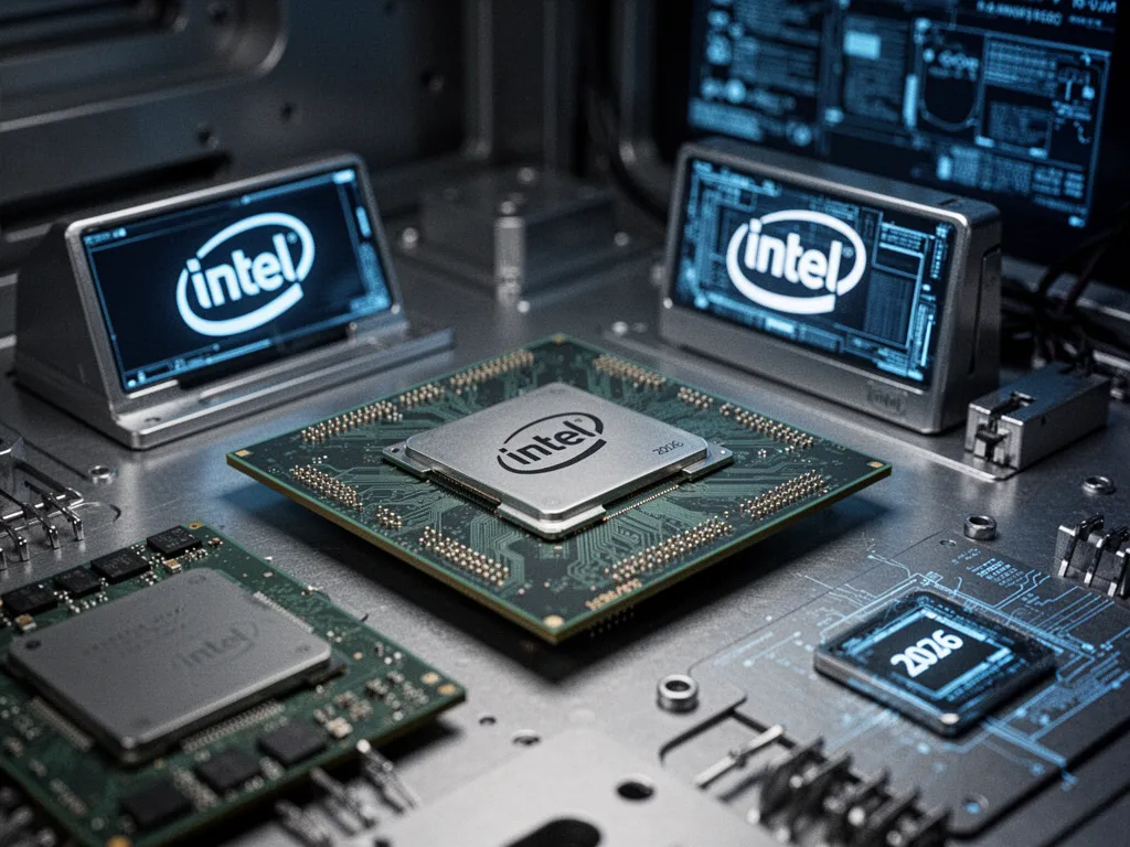 Un processeur Intel posé sur une carte mère ouverte à côté de barrettes mémoire et d'un système de refroidissement