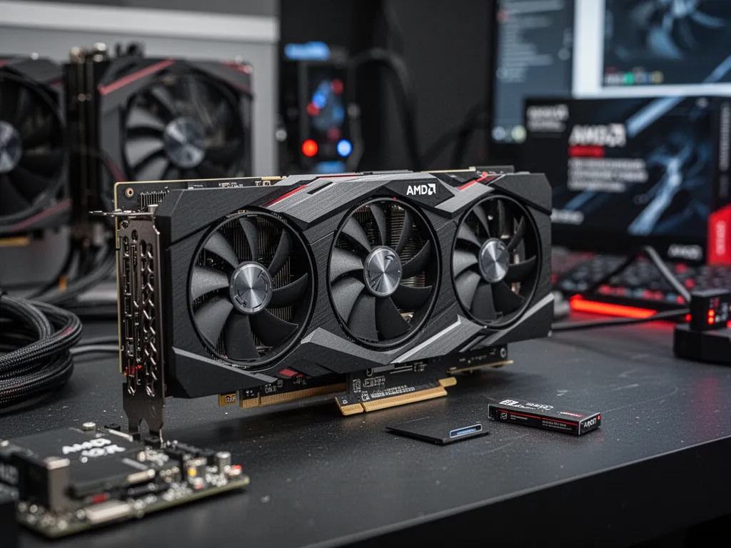 Une carte graphique AMD Radeon moderne avec trois ventilateurs installée dans un boîtier PC vitré