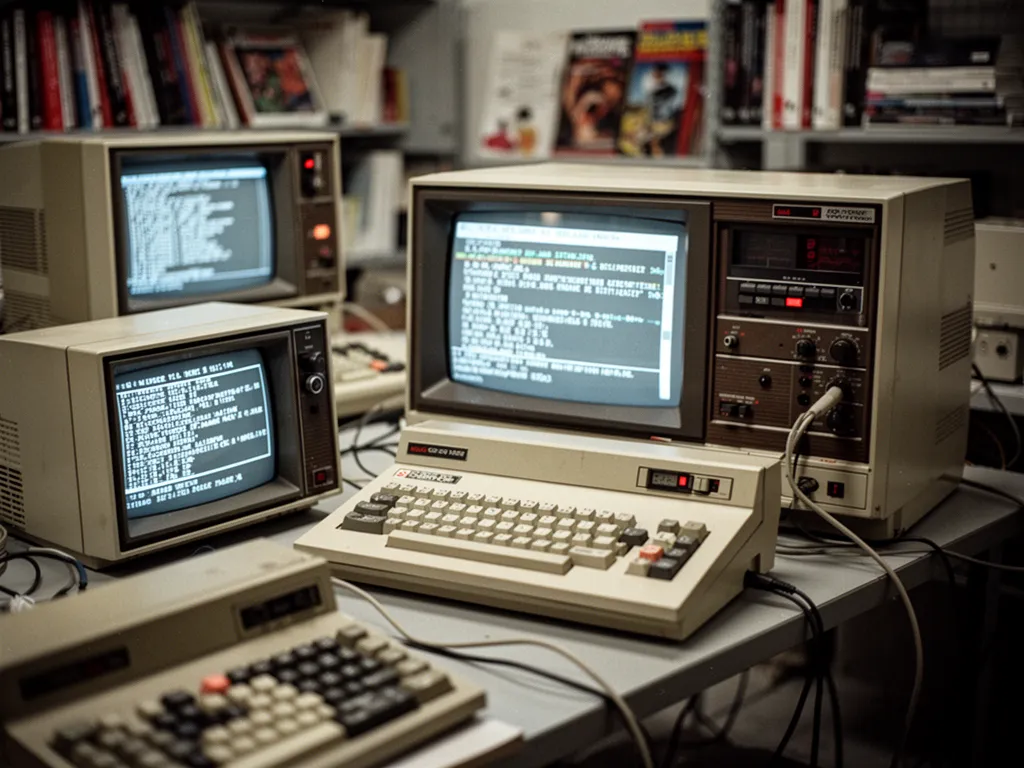 Un ordinateur des années 70 avec un boîtier en métal, un clavier intégré et un petit écran monochrome, posé sur un bureau en bois