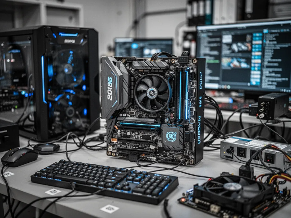 Barrettes de mémoire vive posées à côté d'une carte mère de PC ouverte
