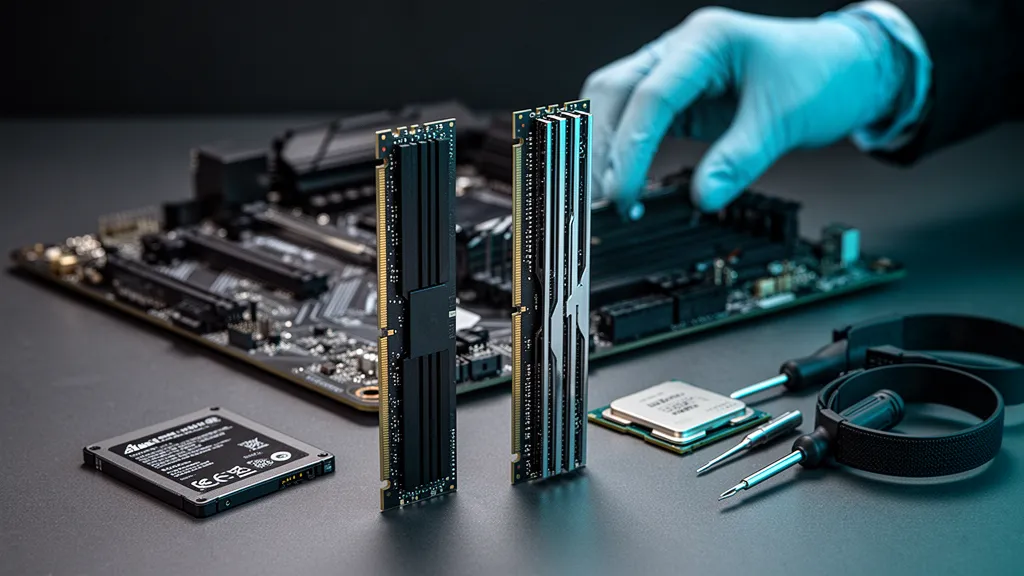 Deux barrettes de RAM posées sur une surface sombre, étiquettes visibles