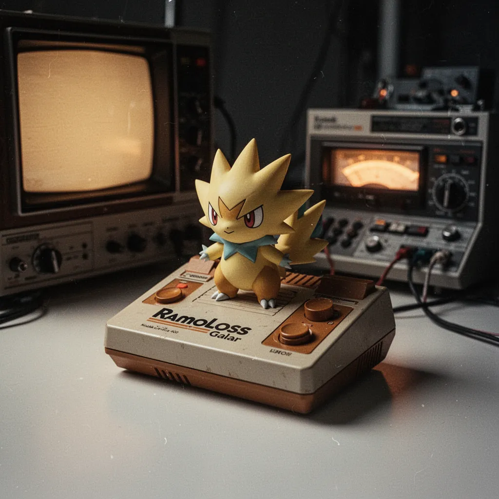 Ramoloss de Galar version violette et jaune dans un décor de lande britannique brumeuse