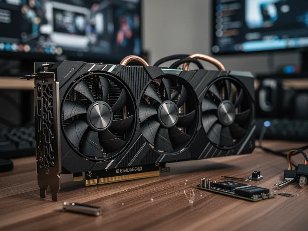 Deux cartes graphiques, une Radeon RX 6600 et une GeForce RTX 3060, posées côte à côte sur un bureau avec un clavier mécanique en arrière-plan.