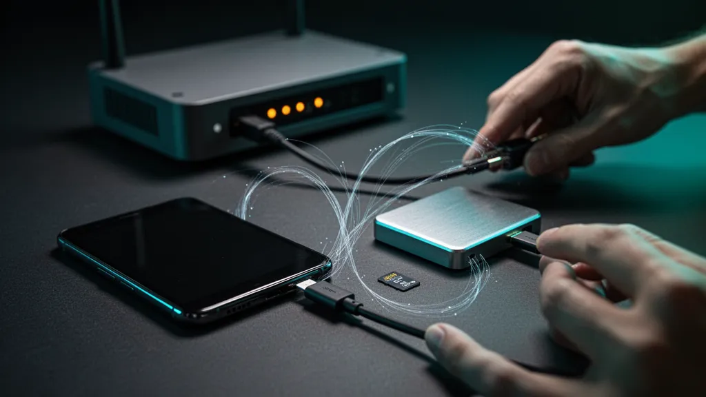 Plusieurs supports de stockage posés sur une table : carte microSD, SSD portable, smartphone connecté à un cloud