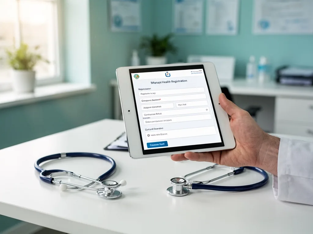 A hand holding a tablet with a digital health registration form, a stethoscope resting on a white desk, blurred medical