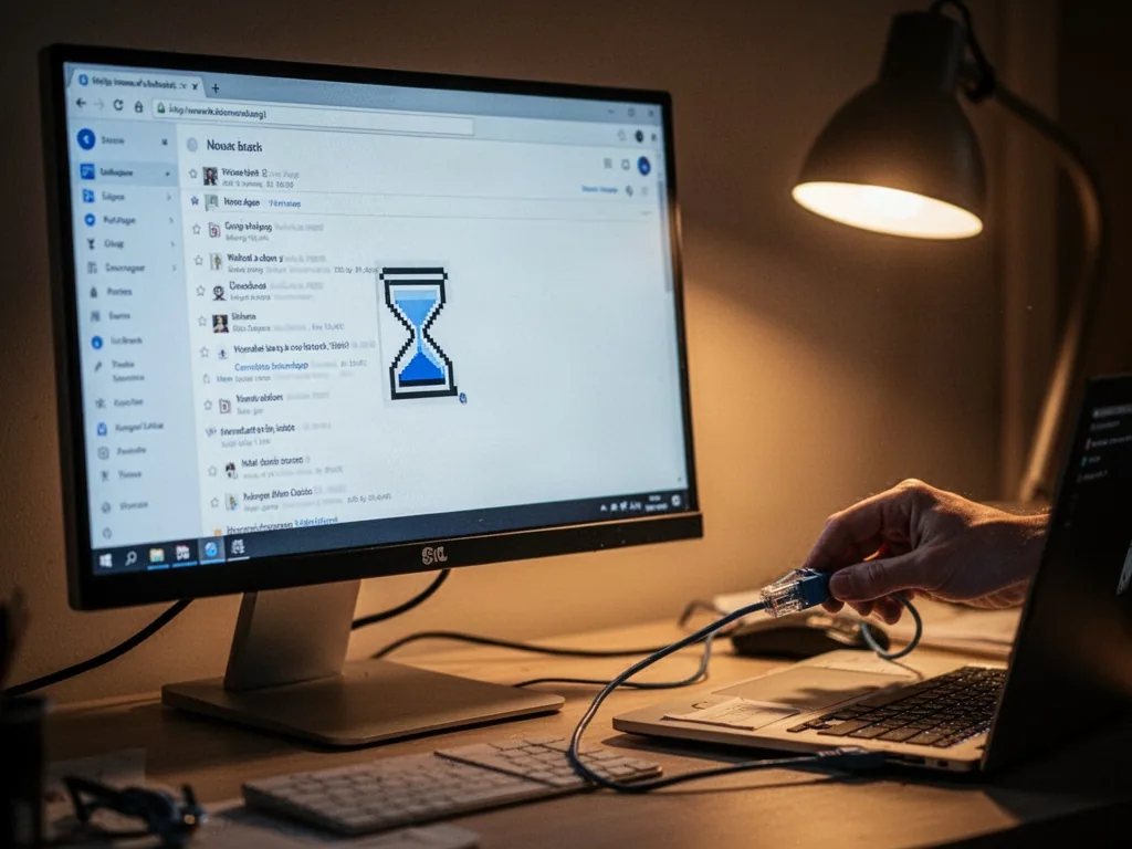 A computer monitor displaying a frozen email inbox with a spinning hourglass cursor, a hand plugging an ethernet cable i